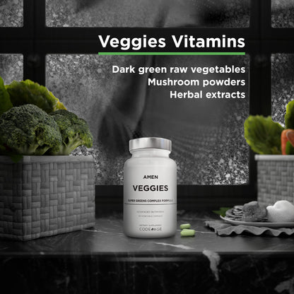 Amen Veggies, Daily Veggies Vitamins Supplement, Vegetables Vegan Blend & Whole-Food Raw Greens Multivitamin Capsules, Mushroom Complex, Superfood, Minerals, Green Vegetable Nutrients, Non-GMO, 90 ct AmenBuy Supplements Australia