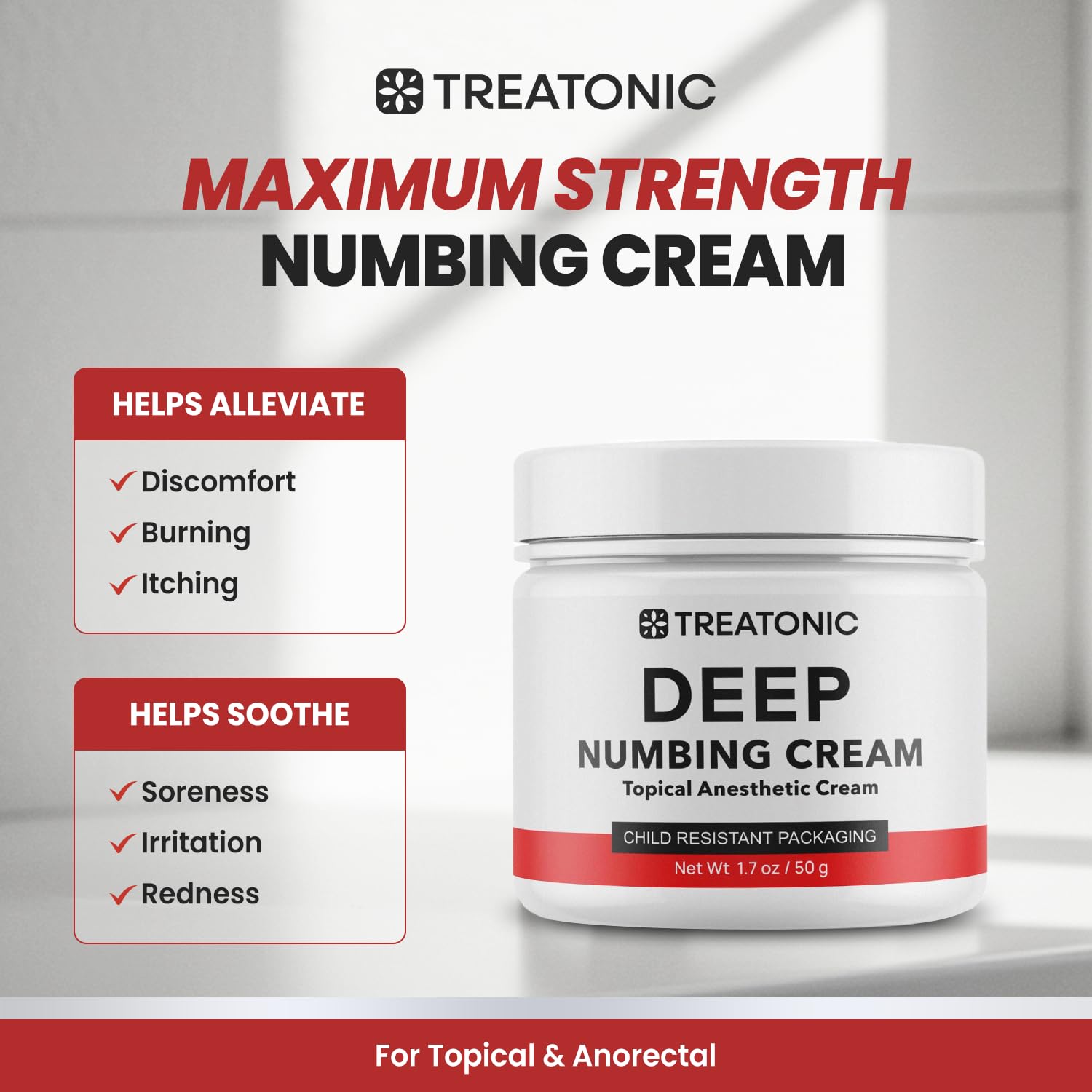 Treatonic Maximum Strength Numbing Cream: Numbing Cream for Discomfort, Burn, Itch & Pain Relief - Fast-Acting, Soothing Topical Anesthetic with Menthol & Emu Oil for Hemorrhoid Treatment – 1.7oz TreatonicBuy Supplements Australia