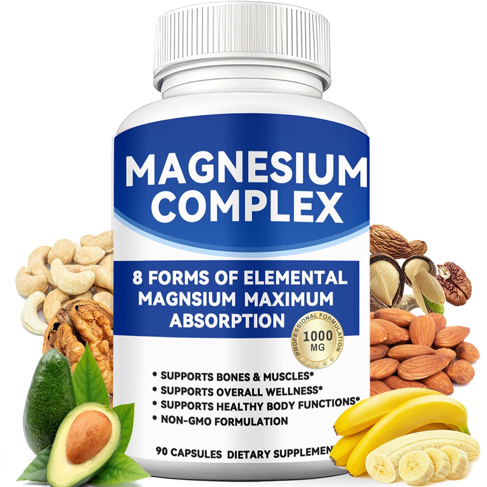 Supplement bottle labeled 'Magnesium Complex' with health benefits listed, surrounded by nuts, seeds, and fruits on a white background.