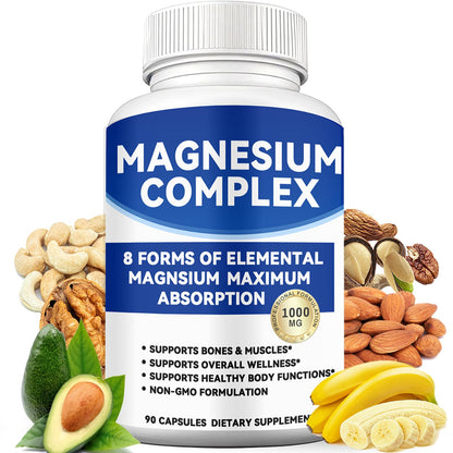 Supplement bottle labeled 'Magnesium Complex' with health benefits listed, surrounded by nuts, seeds, and fruits on a white background.