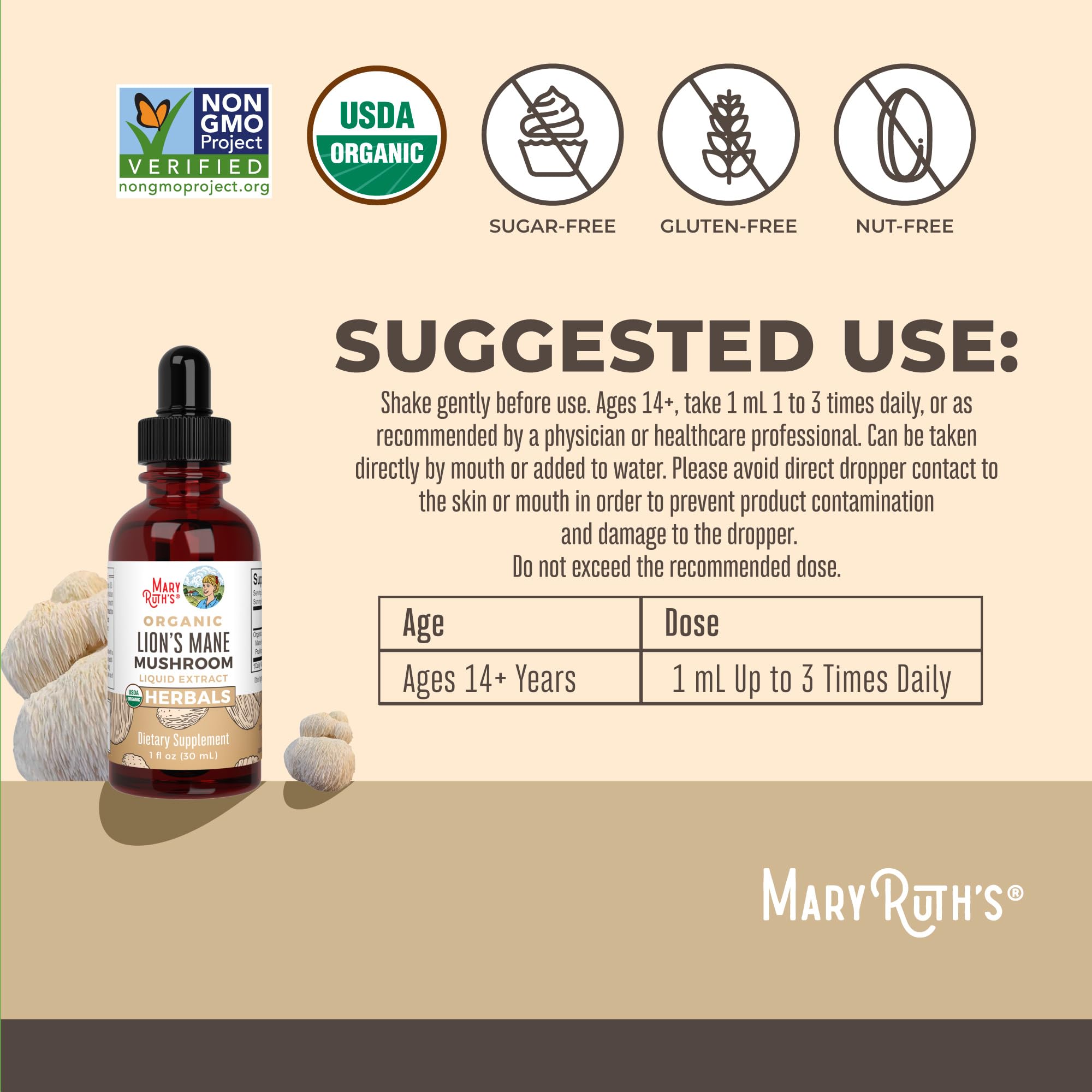 MaryRuth Organics Lions Mane Mushroom Supplement, Up to 1 Month Supply, Nootropic USDA Organic Lions Mane Extract Nervine Herbal Liquid Drops, Brain Health Non-GMO