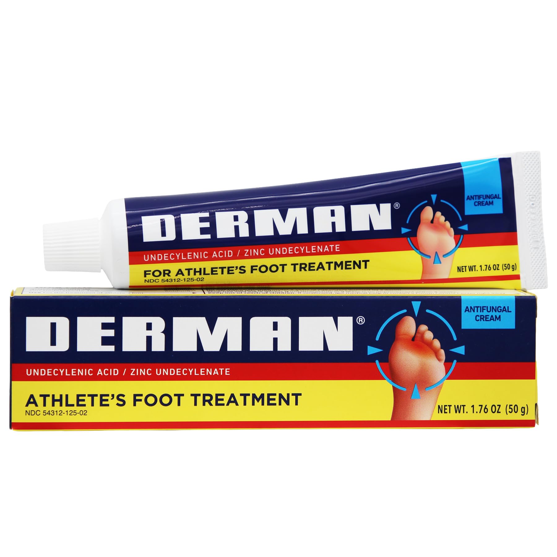Two tubes of Derman athlete's foot treatment on a white background