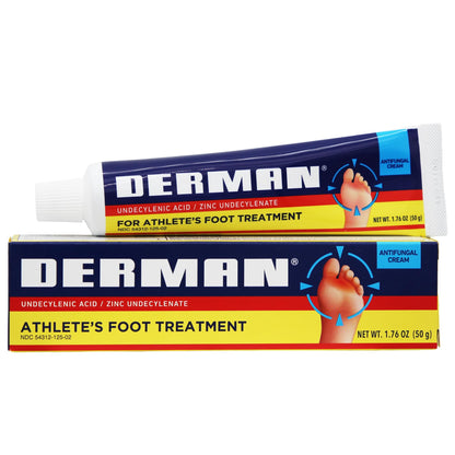 Two tubes of Derman athlete's foot treatment on a white background