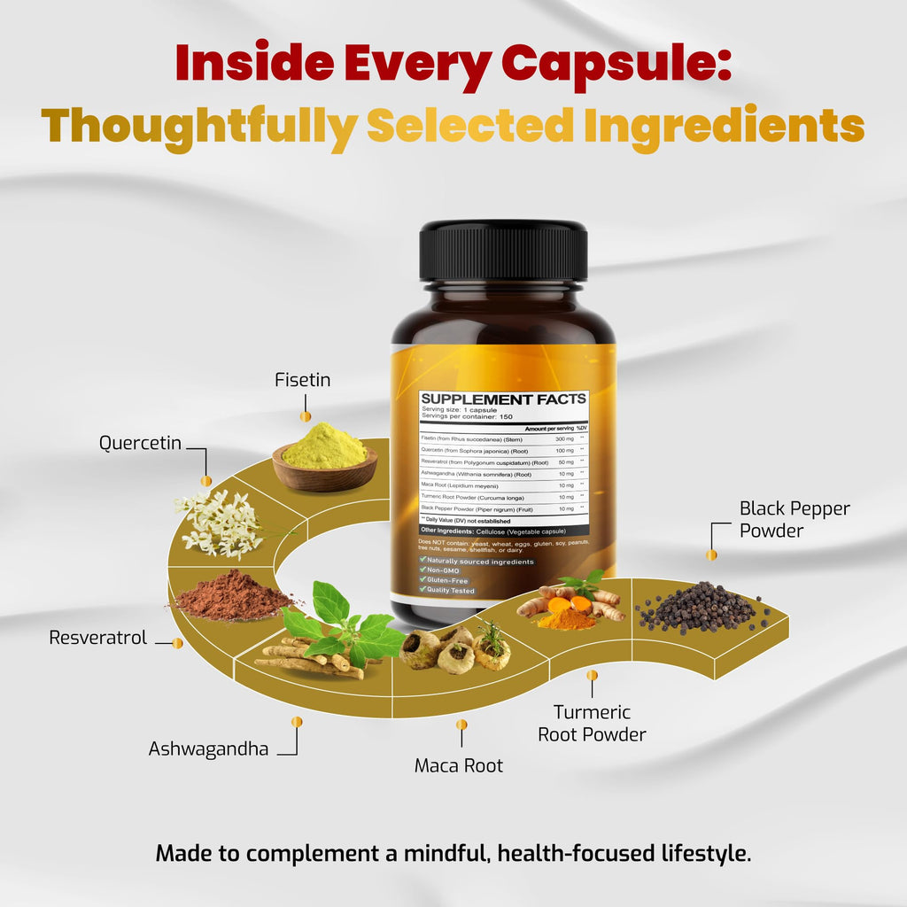 VEGATOT Organic Fisetin Complex 7-in-1 Formula | with Quercetin, Resveratrol, Ashwagandha, Maca Root, Turmeric, Black Pepper | 150 Capsules | Non-GMO, Gluten-Free VEGATOTBuy Supplements Australia