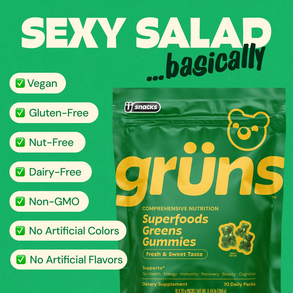 Gruns Adult Super Greens Multivitamin Gummies, Superfood Gummy Vitamins for Women and Men with Spirulina, Chlorella, Adaptogens & Prebiotic Fiber for Digestive Health (28 Count) GrünsBuy Supplements Australia