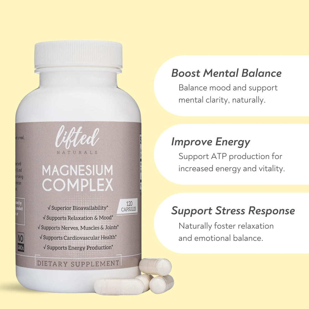 Magnesium Complex - Lifted Naturals Magnesium Supplement w/Bisglycinate, Malate, Taurate - 120 Capsules - Bioavailable Magnesium Formula for Mood, Sleep, Energy Support* Lifted Naturals buy supplements Au