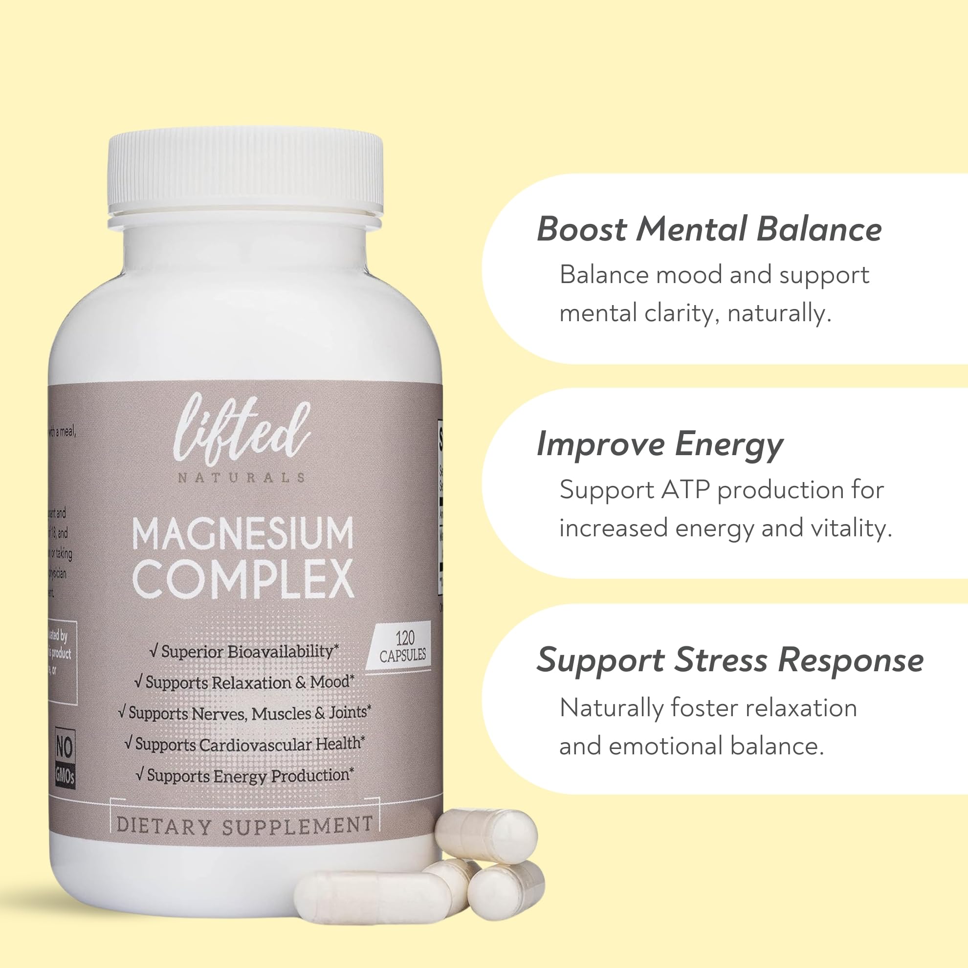 Magnesium Complex - Lifted Naturals Magnesium Supplement w/Bisglycinate, Malate, Taurate - 120 Capsules - Bioavailable Magnesium Formula for Mood, Sleep, Energy Support* Lifted Naturals buy supplements Au