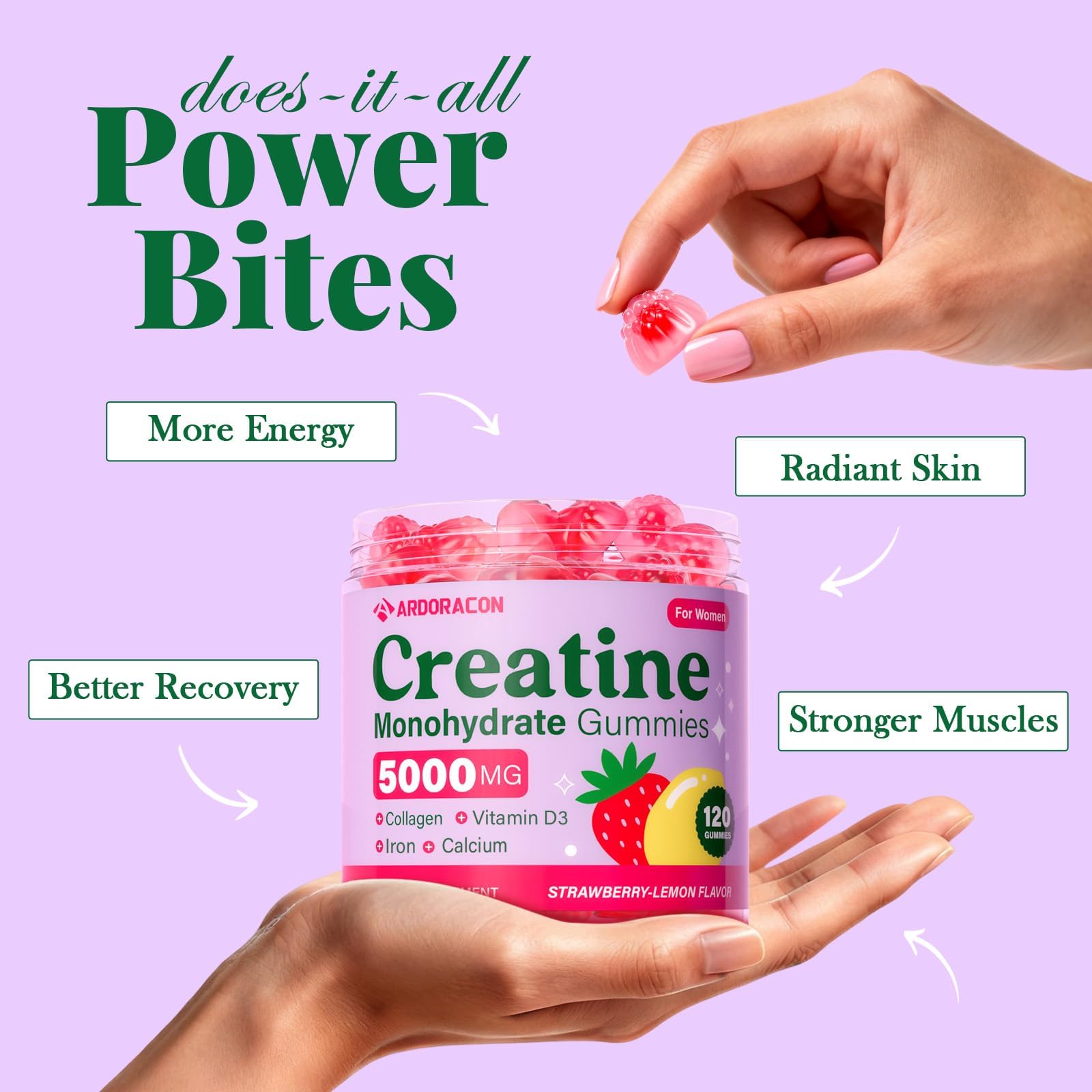 Creatine for Women, Creatine Monohydrate Gummies with Collagen, Vitamin D3 & Calcium for Muscles, Booty & Energy, Flavored Sugar Free Creatine Gummies Post