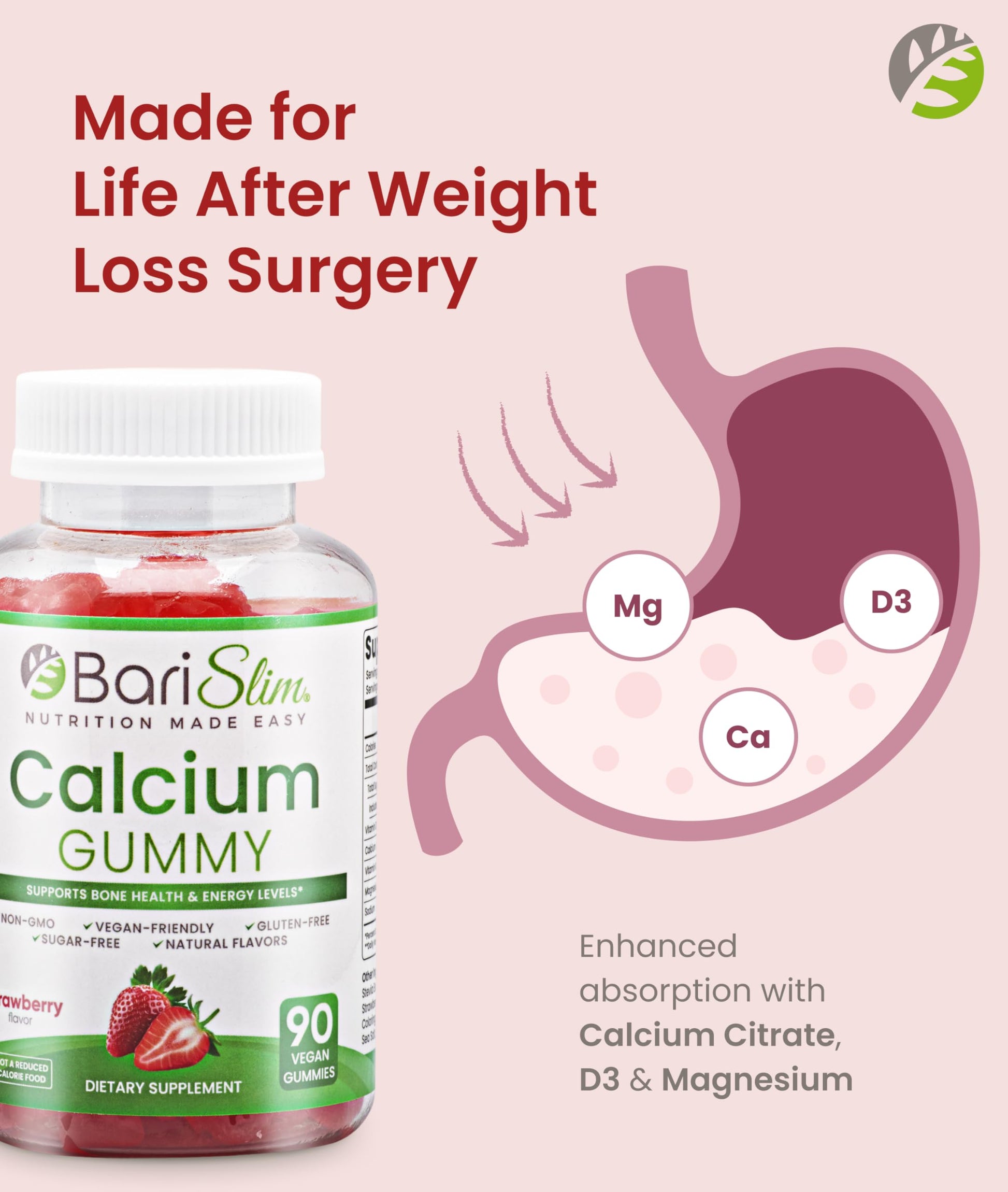 BariSlim Bariatric Calcium Gummies - Specially Formulated Bariatric Vitamins for Patients After Weight Loss Surgery - Supports Energy Levels & Bone Health | Strawberry (90 Vegan Gummies) BariSlim buy supplements Au