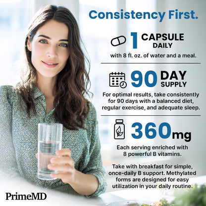 Methylated B Complex with Methylfolate and B12 Methylcobalamin 1000 mcg - Methylated Multivitamin for Energy, Brain Function, and Wellness - Vitamin B Complex for Men & Women (90 Servings) (Pack of 1) PrimeMDBuy Supplements Australia