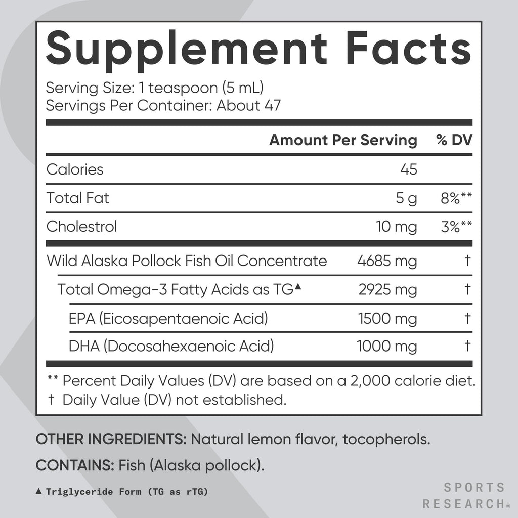Sports Research® Omega-3 Fish Oil, 8oz Glass Bottle - 4685mg of Wild Caught Alaska Pollock Fish Oil per Serving - Easy-to-Take Liquid · Lemon Flavor · Non-GMO · MSC Certified Sustainable - 48 Servings Sports Research buy supplements Au
