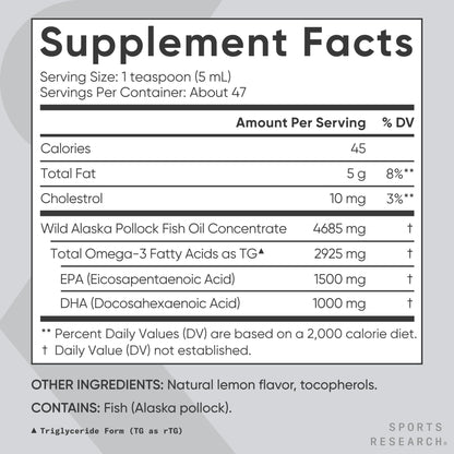 Sports Research® Omega-3 Fish Oil, 8oz Glass Bottle - 4685mg of Wild Caught Alaska Pollock Fish Oil per Serving - Easy-to-Take Liquid · Lemon Flavor · Non-GMO · MSC Certified Sustainable - 48 Servings Sports Research buy supplements Au