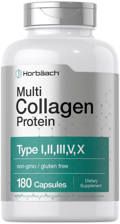 Horbäach Multi Collagen Protein 2000 mg | 180 Capsules | Hydrolyzed Collagen Type I, II, III, V, X | Keto & Paleo Friendly, Non-GMO, Gluten Free Supplement