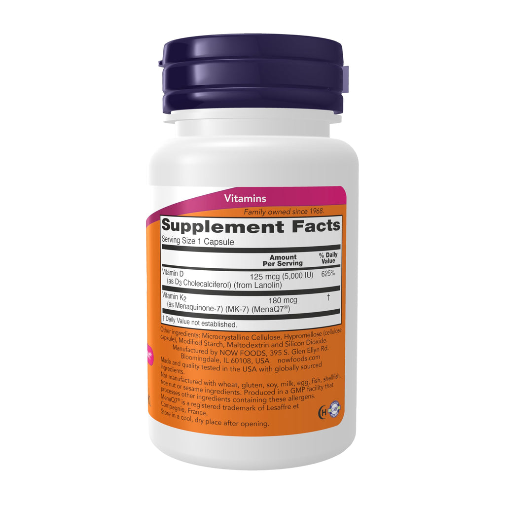 NOW Foods Supplements, Mega D-3 & MK-7 with Vitamins D-3 & K-2, 5,000 IU/180 mcg, Bone & Cardiovascular Support*, 60 Veg Capsules NOW Foods buy supplements Au