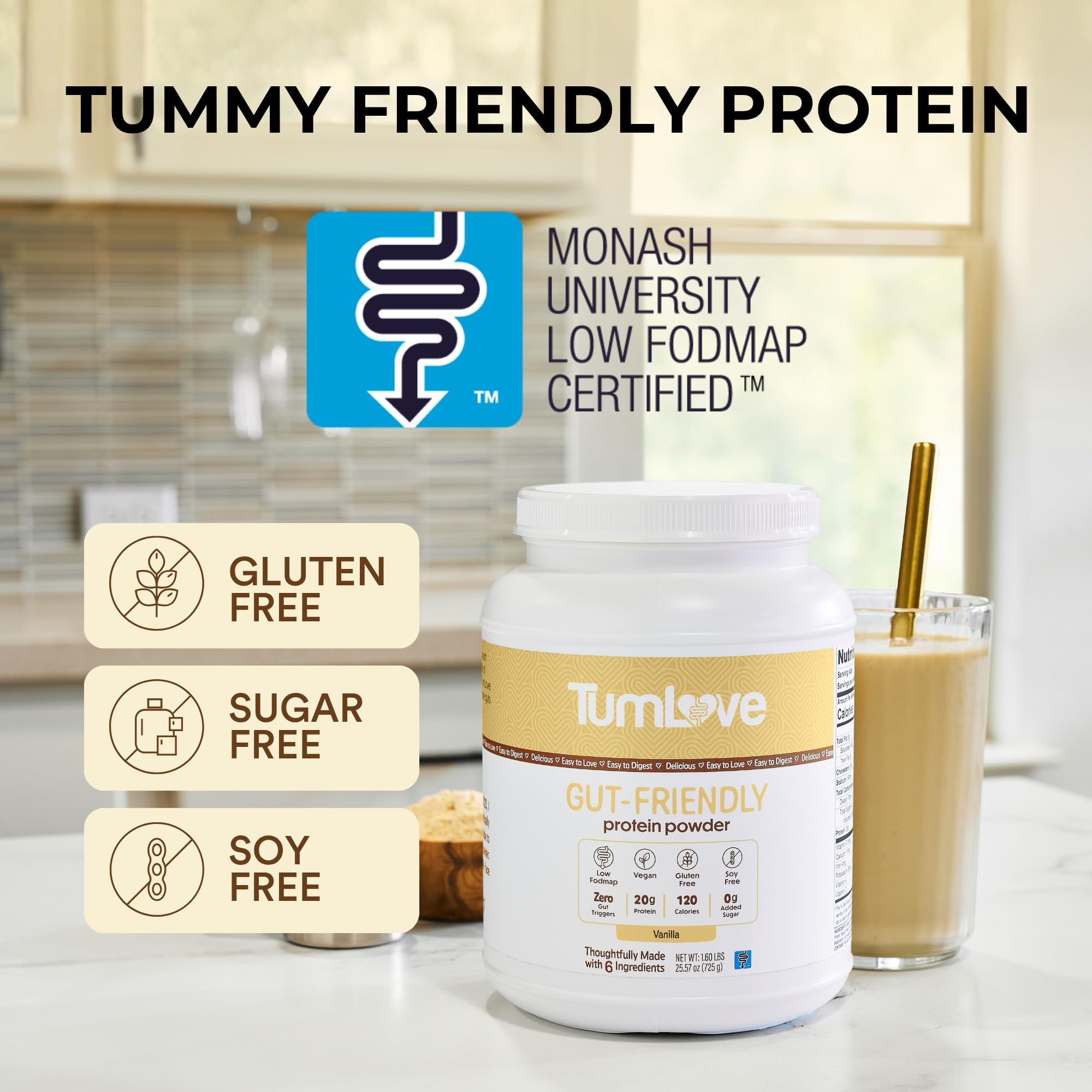 TumLove Vegan Protein Powder - Low FODMAP Certified, Gluten-Free, Dairy-Free, Soy-Free, 100% Gut-Friendly & Non-Bloating, Vanilla (25 Servings)