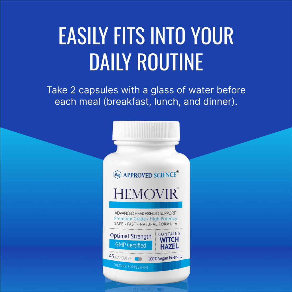 Approved Science Hemovir - Hemorrhoid Support Supplement - Witch Hazel, Horse Chestnut - 45 Capsules - 1 Bottle - Vegan Approved ScienceBuy Supplements Australia