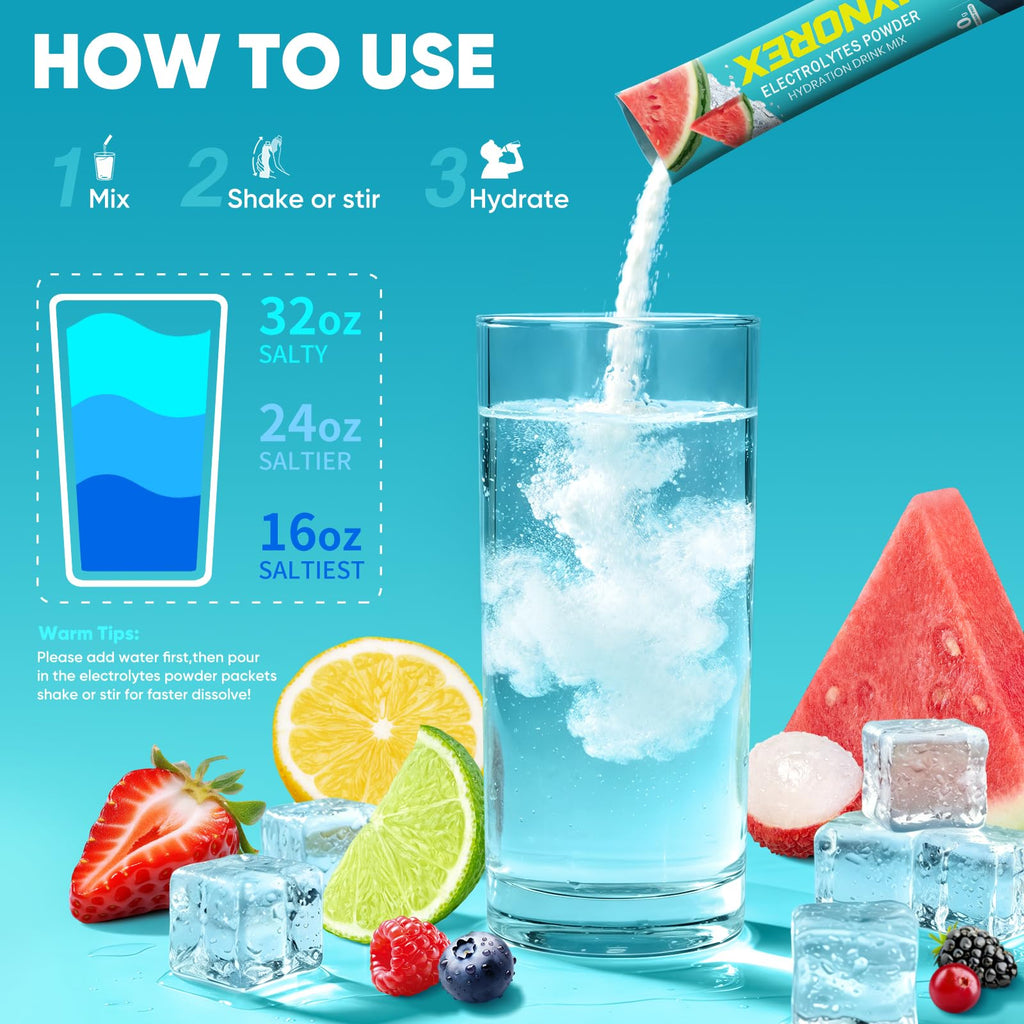 JYNOREX Electrolytes Powder Packets Sugar Free, 30 Sticks High Sodium Hydration Packets, Electrolyte Drink Mix with Lemon Lime Watermelon Peach Berry Kiwi