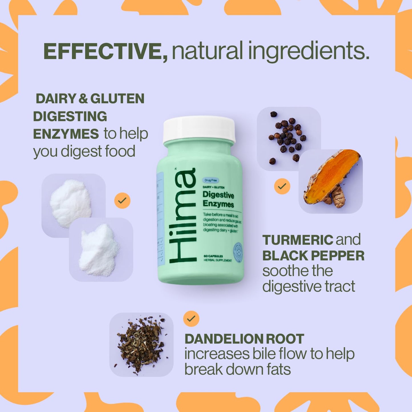 Hilma Digestive Enzymes for Women, Bloating Relief with Turmeric, Dandelion Root and Gluten Digestive Enzymes, Natural Gluten