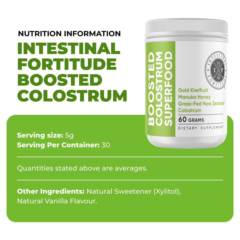 Intestinal Fortitude Boosted Colostrum Superfood Dietary Supplement: Grass-Fed New Zealand Bovine Colostrum, Gold Kiwifruit, Manuka Honey, for Digestion, Immune System, and Gut Health (60 Grams) Intestinal Fortitude buy supplements Au