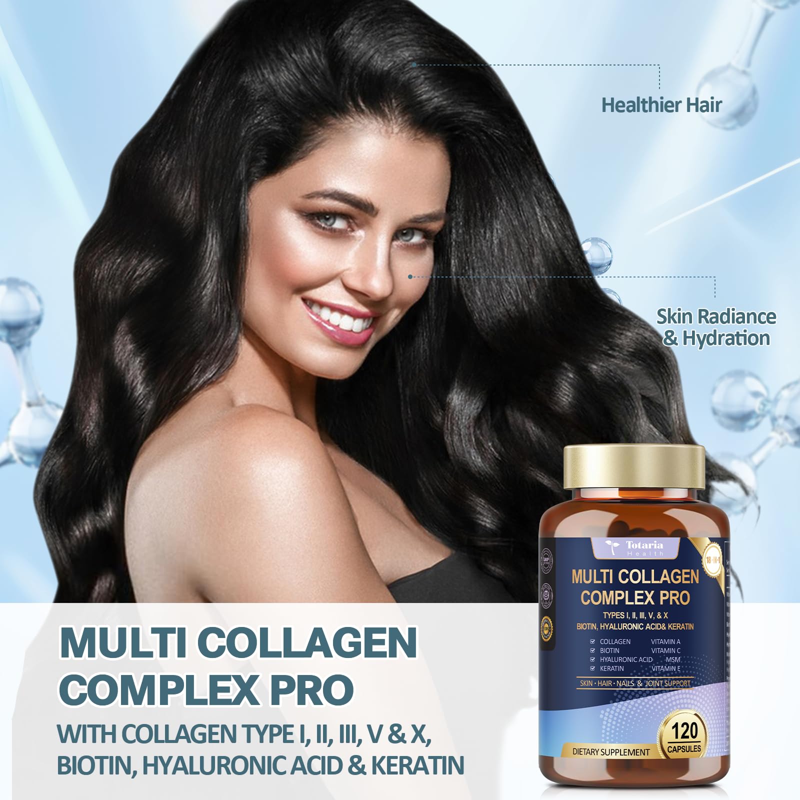 18-in-1 Collagen Pro with Hyaluronic Acid, Keratin, Biotin, VIT A C & E for Skin, Hair, Nails, Joint & Beauty - Multi Collagen Peptides Capsules