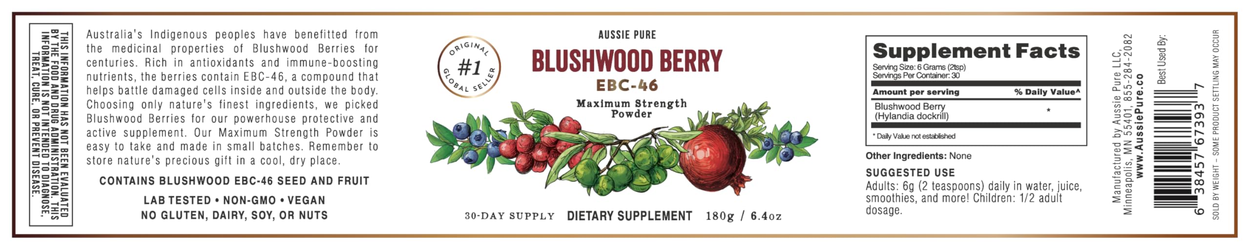 Aussie Pure Blushwood Berry Powder EBC-46 - Maximum Strength Immune and Cell Support - Contains The Fruit and Seed - 180g/6.4oz Per Container Aussie PureBuy Supplements Australia
