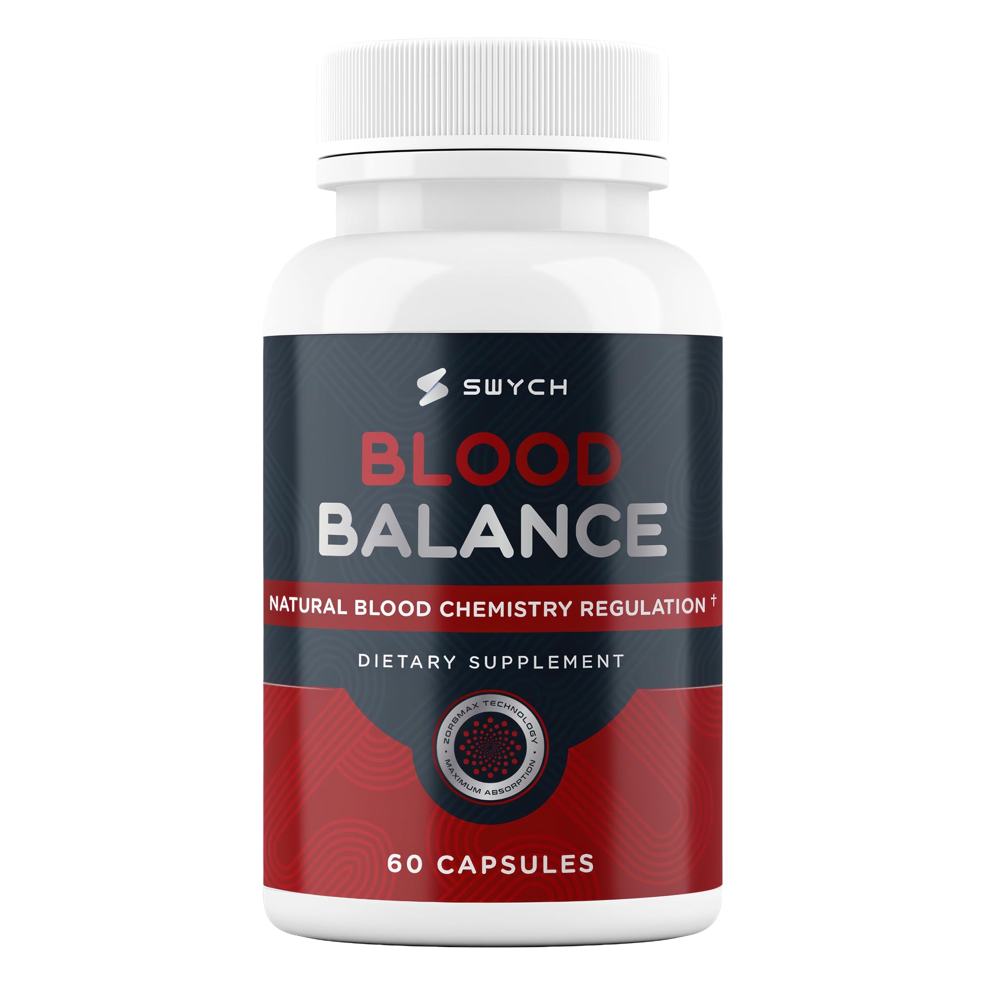 Supplement bottle labeled 'Blood Balance' by Swych on a white background