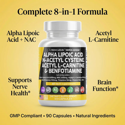 Alpha Lipoic Acid 600mg N-Acetyl Cysteine 600mg Acetyl L-Carnitine 500mg Benfotiamine 300mg - Nerve Support Supplement for Women and Men