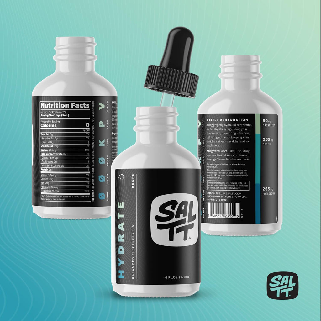 SALTT - Hydrate (4 oz) - Electrolytes Drops - Energy Boost - Sodium, Potassium, Magnesium, Zinc, Copper - Unflavored - Ultra Low Carb - Zero Sugar, Vegan,
