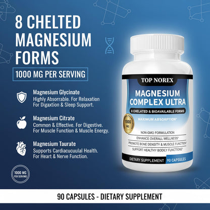 Top Norex Magnesium Complex Ultra - 8 Elemental 1000mg Magnesium Blend, Easy Absorption, 90 Capsules (1) Top Norex buy supplements Au