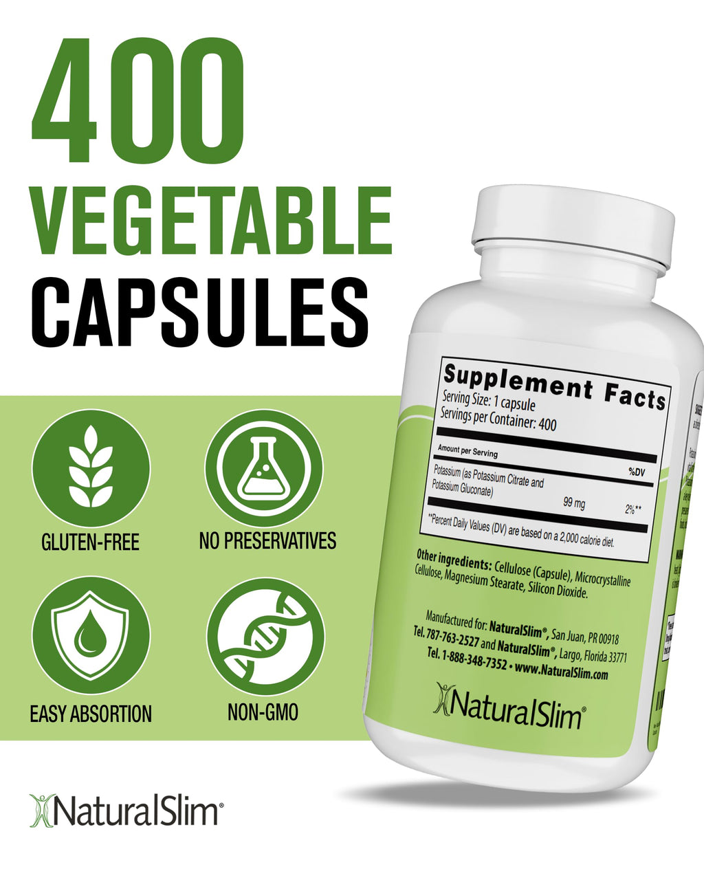 NaturalSlim Natural Potassium Citrate Gluconate 99 mg - Kadsorb Supports Electrolyte Balance & Normal pH - Absorbable Potassium Supplements