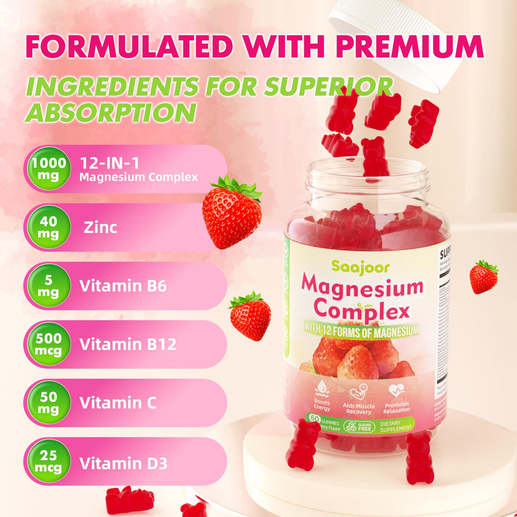 Magnesium Complex Gummies – with 12 Forms of Magnesium (Citrate, Glycinate, Malate, Oxide, and More) Plus Vitamins B6, B12, and C. for Women and Men – Strawberry Flavor, 60 Count Saajoor buy supplements Au