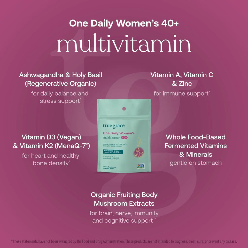 True Grace One Daily Women’s Multivitamin 40+ Fermented Minerals, Organic Adaptogens & Mushrooms Energy, Immune, Bone Support True Grace
