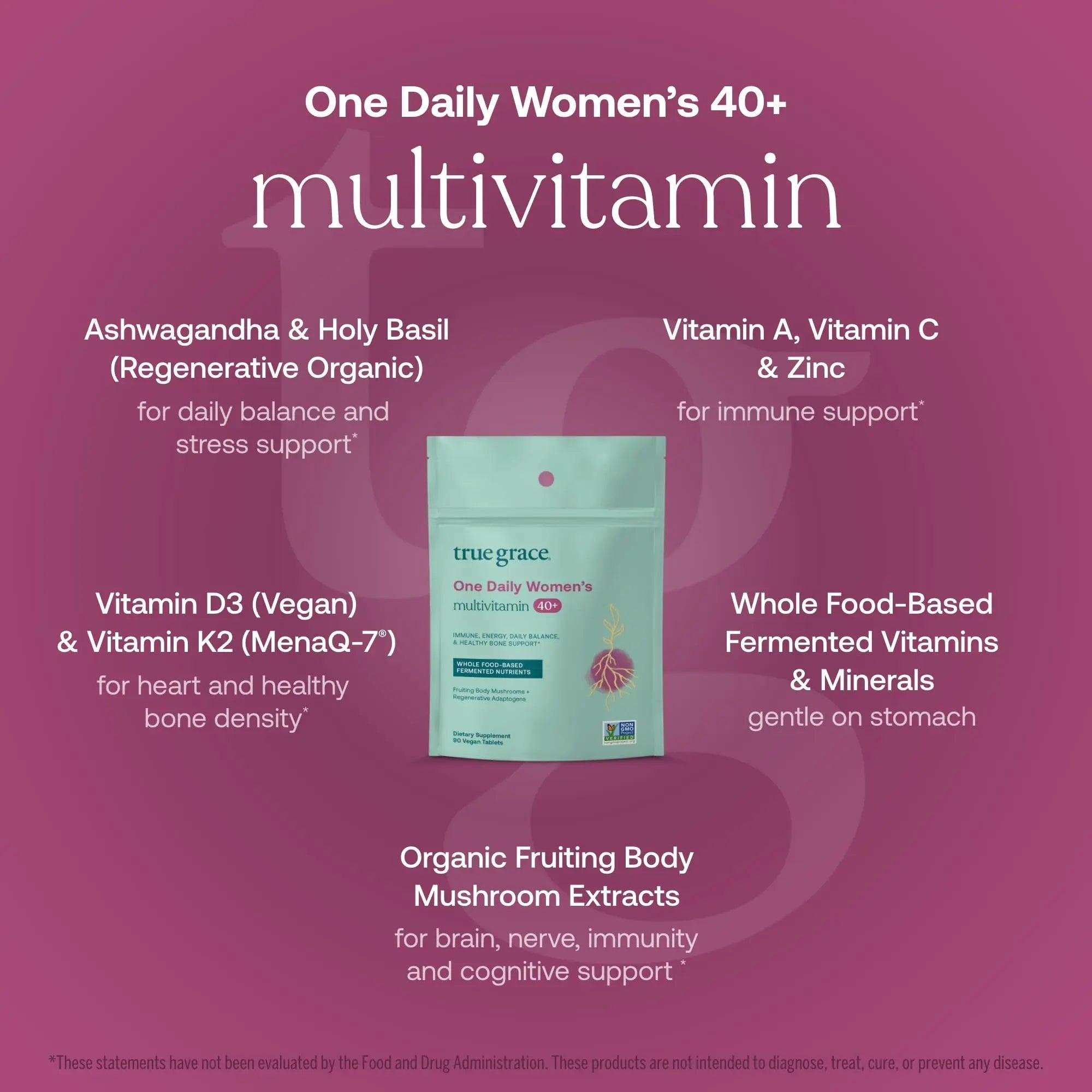 True Grace One Daily Women’s Multivitamin 40+ Fermented Minerals, Organic Adaptogens & Mushrooms Energy, Immune, Bone Support True Grace