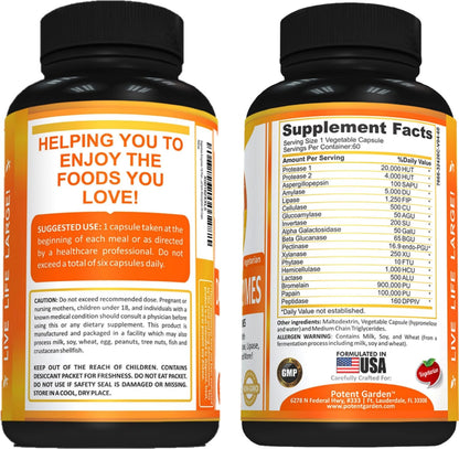 Potent Garden Digestive Enzymes -18 Plant Based Enzymes with amylase lipase bromelain Protease lactase & Other Enzymes - One Pre Meal Pill Supports Healthy