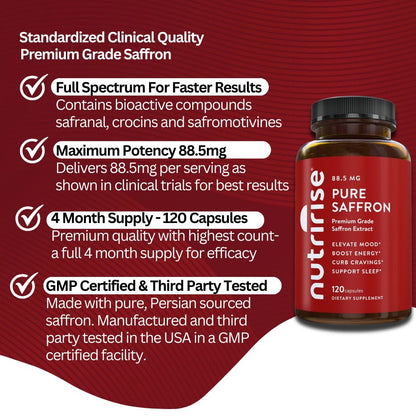 NutriRise Saffron Supplements 120 Capsules, 88.5mg Pure Extract - 4 Month Supply for Mood, Energy, Sleep, Stress & Cortisol Support - Non-GMO