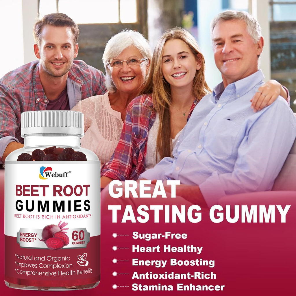 Webuff Beet Root Gummies - Nitric Oxide Booster with Organic Beet, Pomegranate & Grape Seed, Vitamin B12 - Energy, Circulation & Heart Health Support, Vegan, Non-GMO, 60 Count (Pack of 1) Webuff buy supplements Au