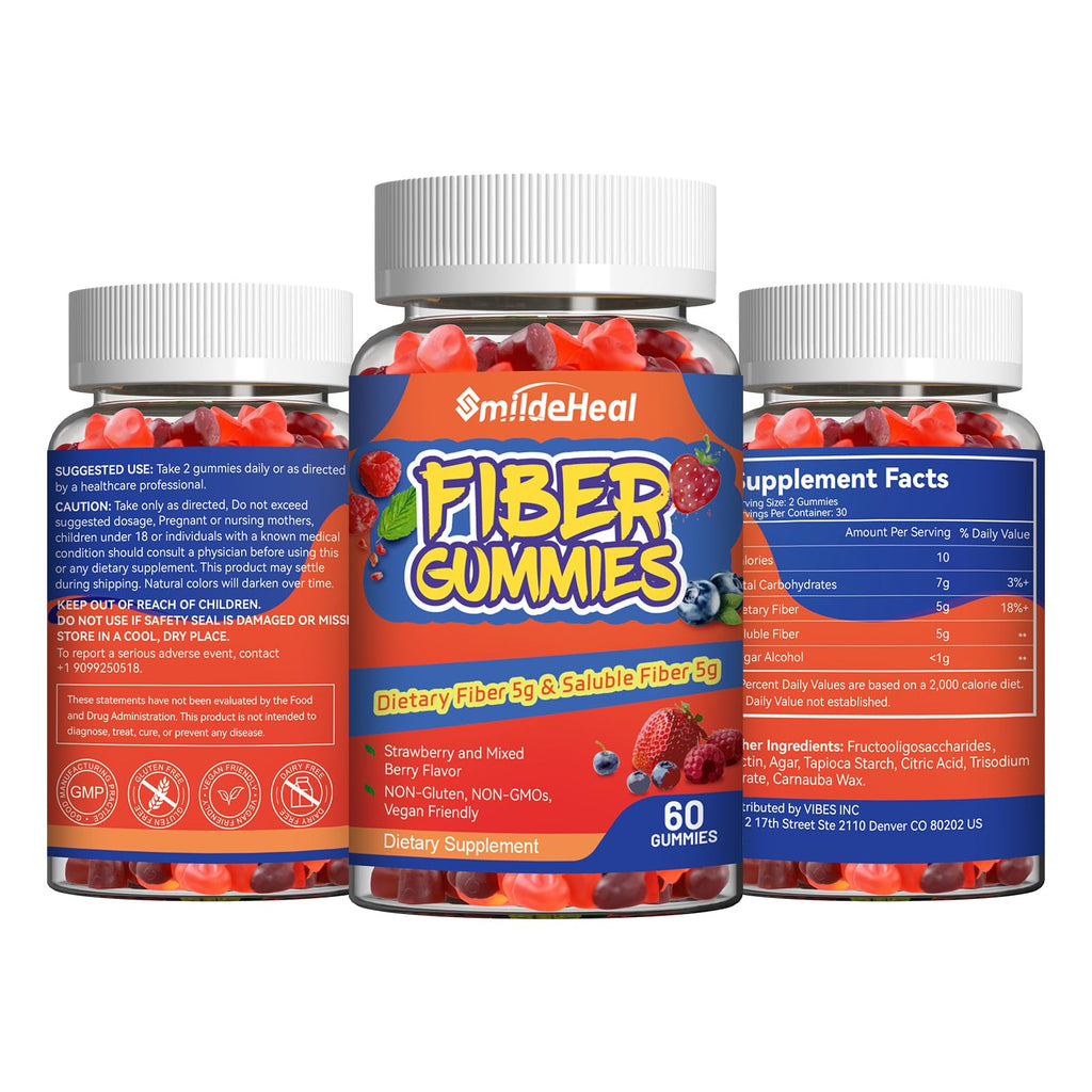SmildeHeal Fiber Gummies, Dietary Fiber, for Women and Men, Gut Health Support, Non-GMOs, Non-Gluten, Vegan, Mixed Berry