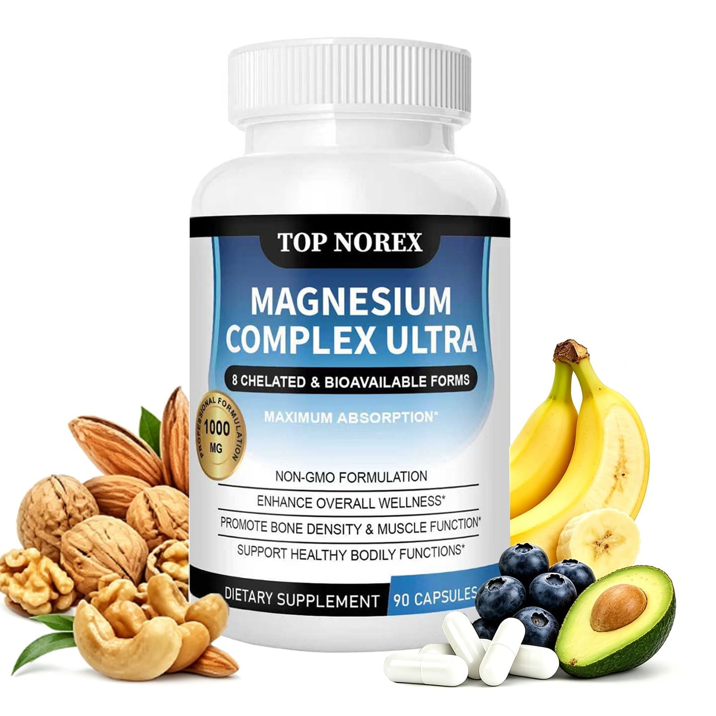 Supplement bottle labeled 'Top Norex Magnesium Complex Ultra' with health foods like bananas, nuts, and avocados on a white background.