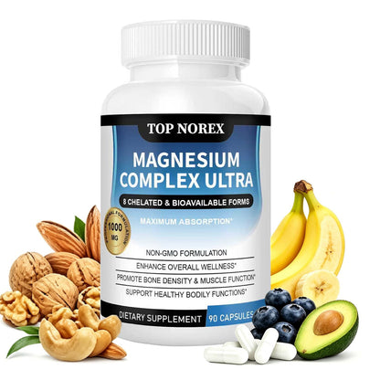 Supplement bottle labeled 'Top Norex Magnesium Complex Ultra' with health foods like bananas, nuts, and avocados on a white background.
