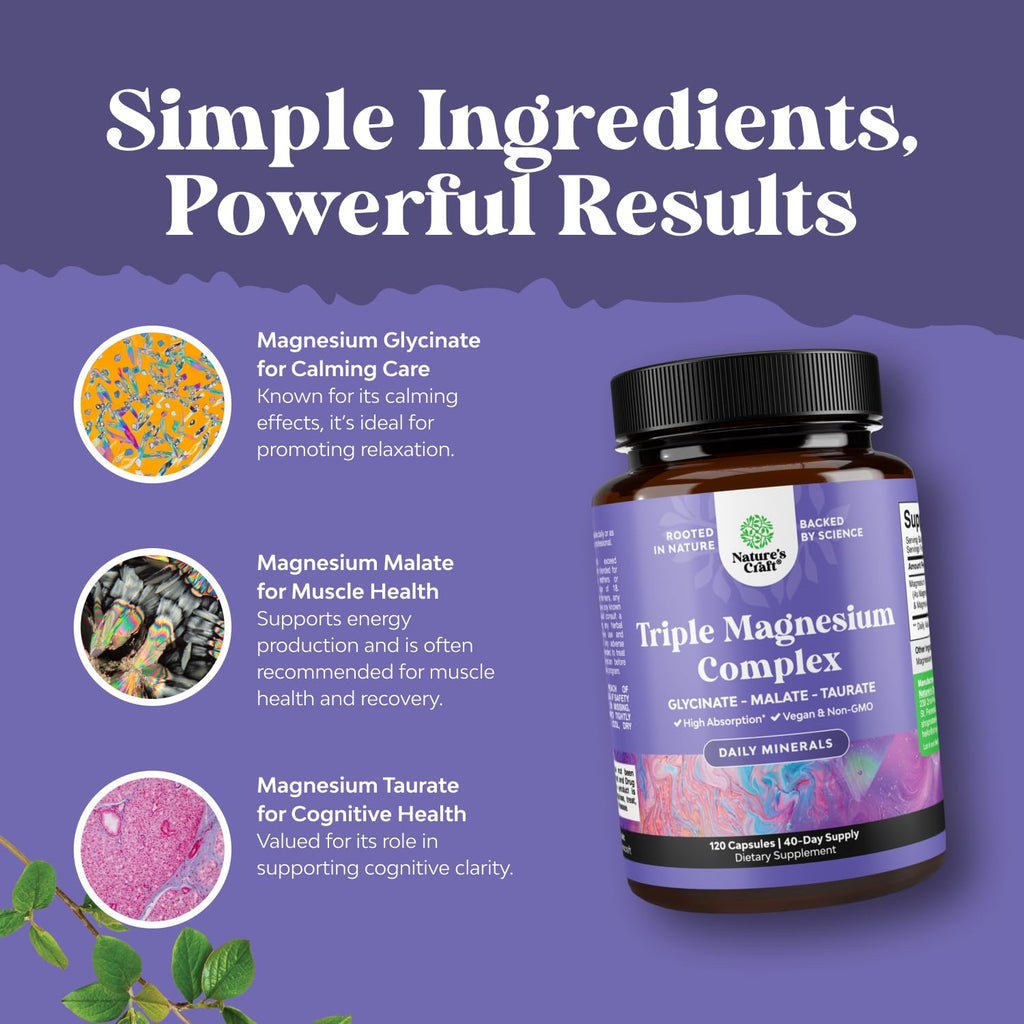 Triple Magnesium Complex Supplement - High Absorption Magnesium Glycinate, Malate & Taurate Blend for Muscles, Energy Support & Heart Health - Triple Mg Complex 400 mg Capsules - 120 Count Natures Craft buy supplements Au