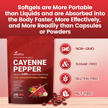 VivoNu Cayenne Pepper Softgels Supplement, Supports Leg Vein, Heart and Blood Vessel Health, with Vitamin E D3+K2 and Extracts of Grape Seed, Hawthorn, Beetroot, Berberine (Softgel / 1 Bag) VivoNu buy supplements Au