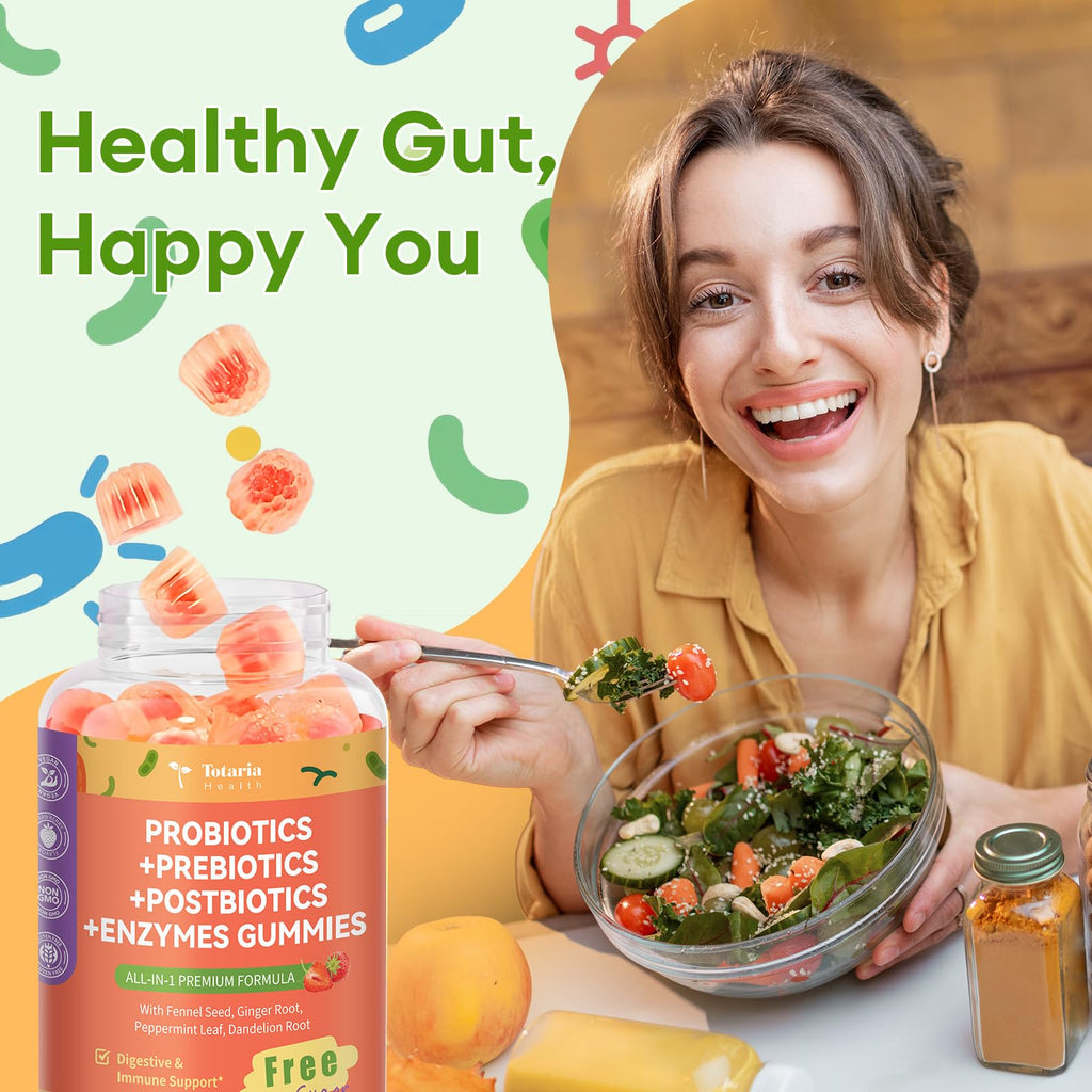 Totaria Sugar Free 5-in-1 Probiotic Prebiotic Postbiotic Gummy, 36 Strains Probiotics for Women Men with Digestive Enzymes, Peppermint, Complete Immune,