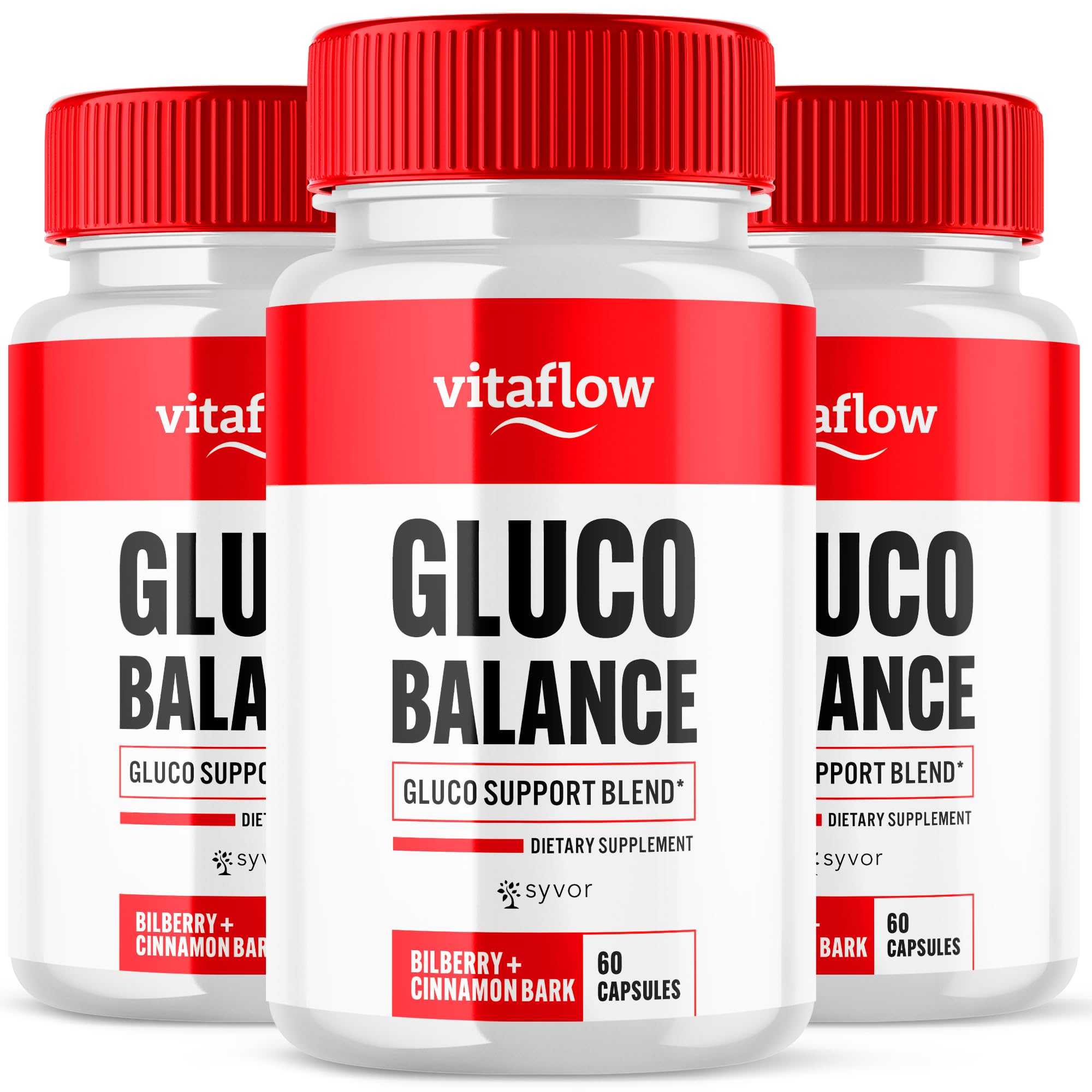 Three bottles of Vitaflow Gluco Balance supplement with red caps and white labels.