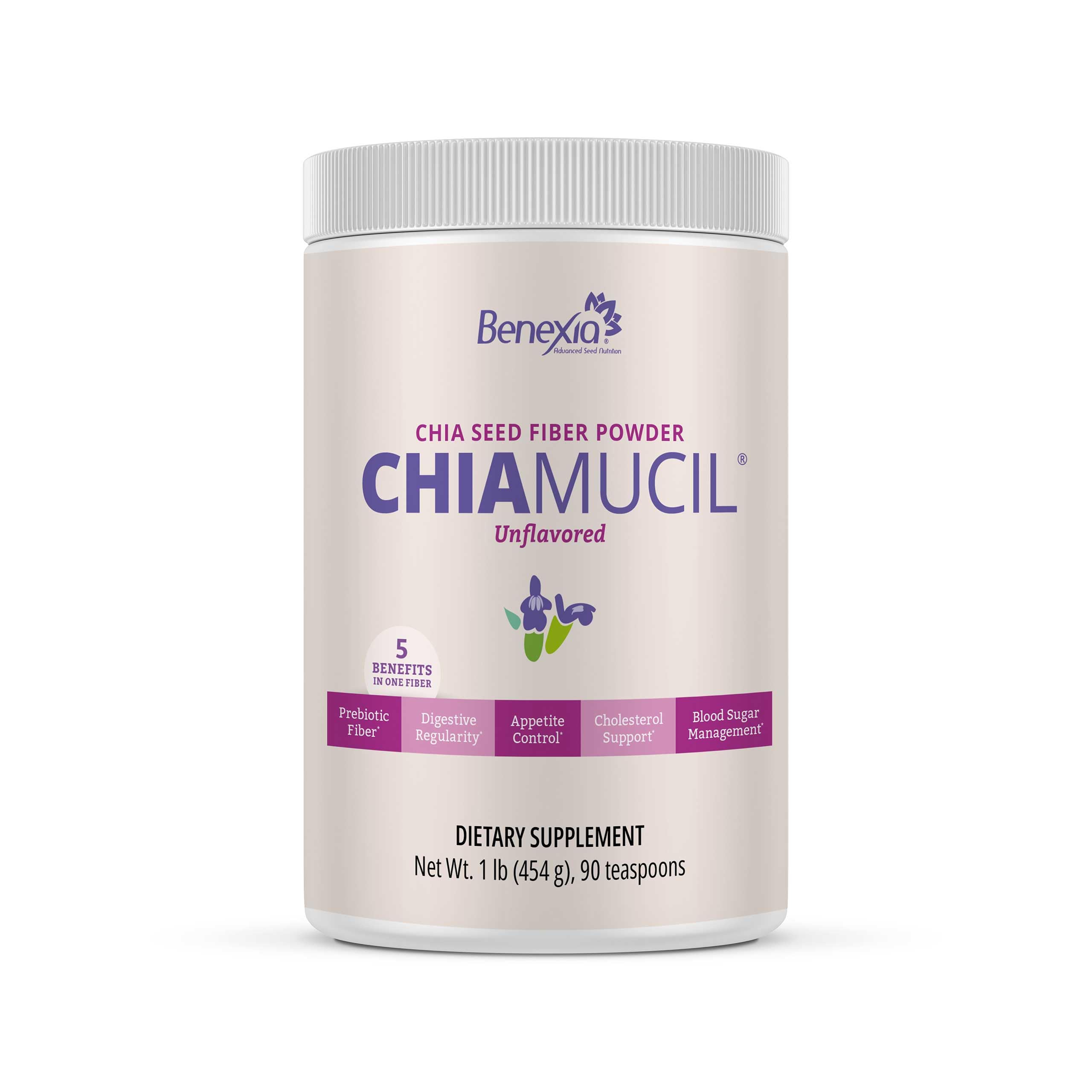 BENEXIA Chiamucil Prebiotic Chia Fiber Supplement Powder – for Appetite Control & Digestive Health – Chia Fiber & Chicory Root (Inulin) – Gluten & Sugar Free, Vegan