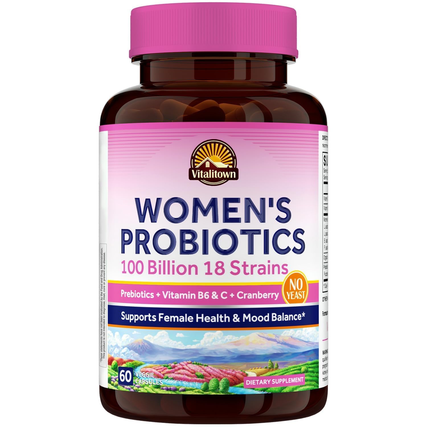 Vitalitown Women's Probiotics | 100 Billion CFUs 18 Strains | Prebiotics, VC & B6, Cranberry | Shelf Stable | Vaginal, Urinary