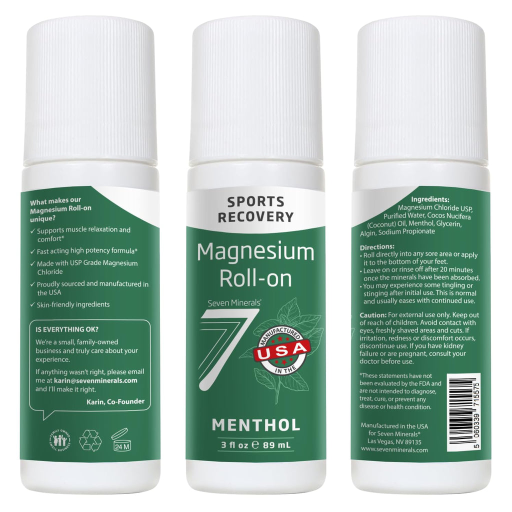 Seven Minerals Magnesium Roll On Stick with Menthol for Pain Relief - Cooling Magnesium Oil for Sports Recovery, Sore Muscles, Backache - Fast Acting - All Natural Alternative, 3 Fl Oz Seven MineralsBuy Supplements Australia