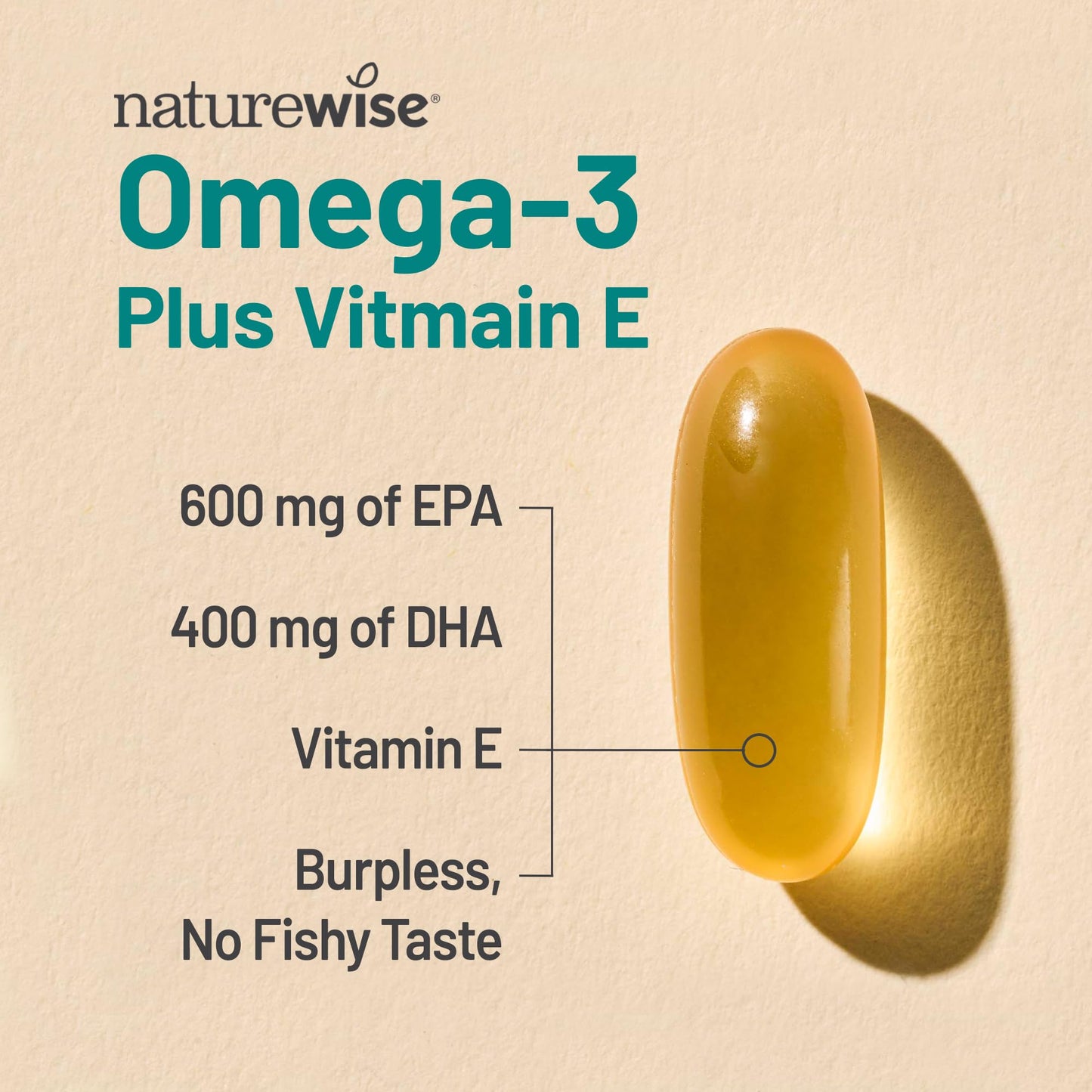 NatureWise Extra-Strength Omega 3 Fish Oil Supplement - 1000mg per Serving - 600 EPA & 400 DHA and Vitamin E - Support for Heart & Brain Health - Lemon Flavor
