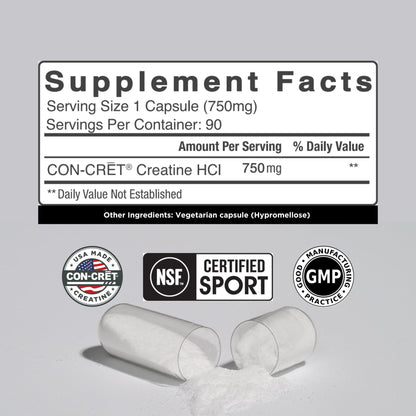 CON-CRET Creatine HCl Capsules | Muscle, Cognitive, Cellular Energy Support | No Bloating or Cramps | USA Made & NSF Certified