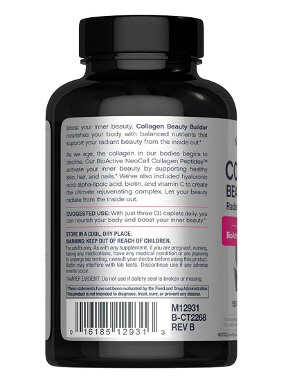 NeoCell Collagen Beauty Builder | 150 Caplets | Grass Fed BioActive Peptides | with Biotin and Hyaluronic Acid | Radiant Skin & Strong Nails Supplement