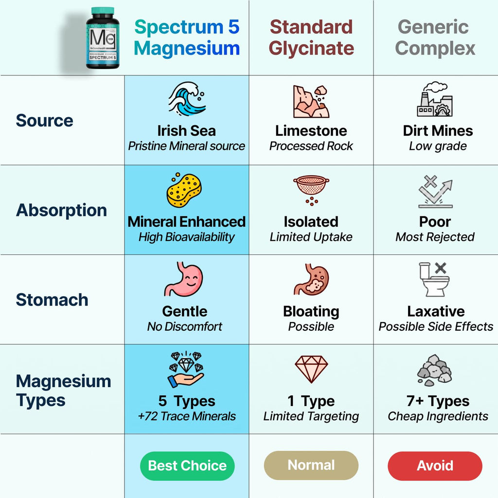 Spectrum 5 Magnesium Complex for Women & Men | Patented Aqua-Ionic® 5X Absorption Technology | 500mg Glycinate, Citrate, Malate + 72 Trace Minerals | Deep Sleep, Leg Cramp Relief & Calm | Non-Laxative SonoHealthBuy Supplements Australia